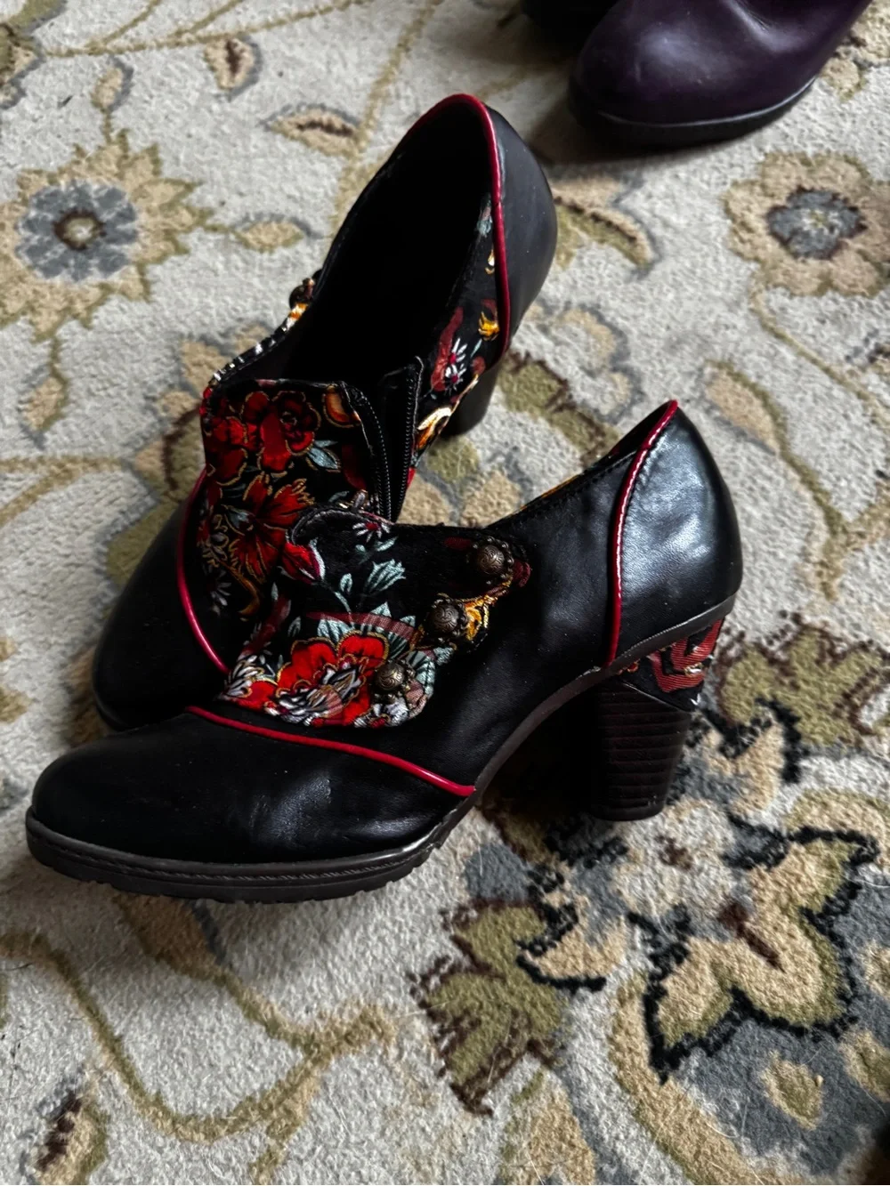 Women’s Black Floral Embroidered Heeled Booties with Red Trim